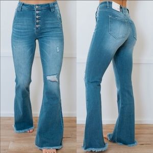High Rise Waist Denim Jeans Distressed Bell Bottom